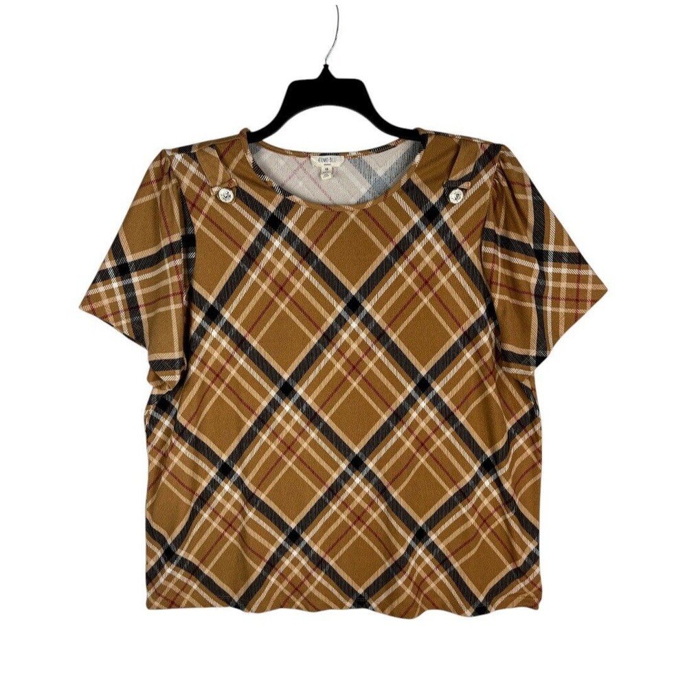 Como Blu Plus Size Top 1X Mustard Yellow Plaid Short Sleeve Knit Blouse